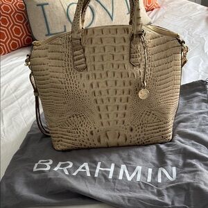 Brahmin Beige Crocodile Embossed Leather Zippered Satchel